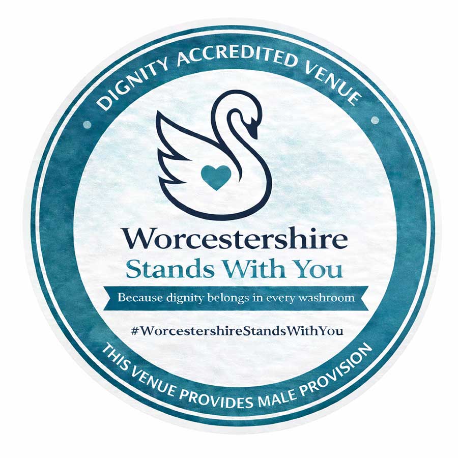 A circular badge with a swan and heart logo, text reads: Worcestershire Stands With You. Because dignity belongs in every washroom. This venue provides male provision in Worcestershire. | Greener Options, Worcestershire, West Midland